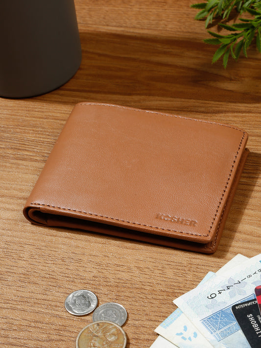 KOSHER Tan Color Men's Genuine Leather Bi-Fold Wallet Slim Design With Card Slots & ID Window