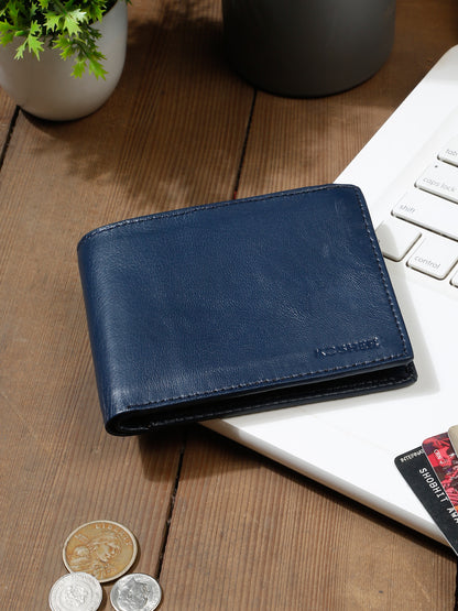 KOSHER Blue Color Men's Genuine Leather Bi-Fold Wallet Slim Design With Card Slots & ID Window