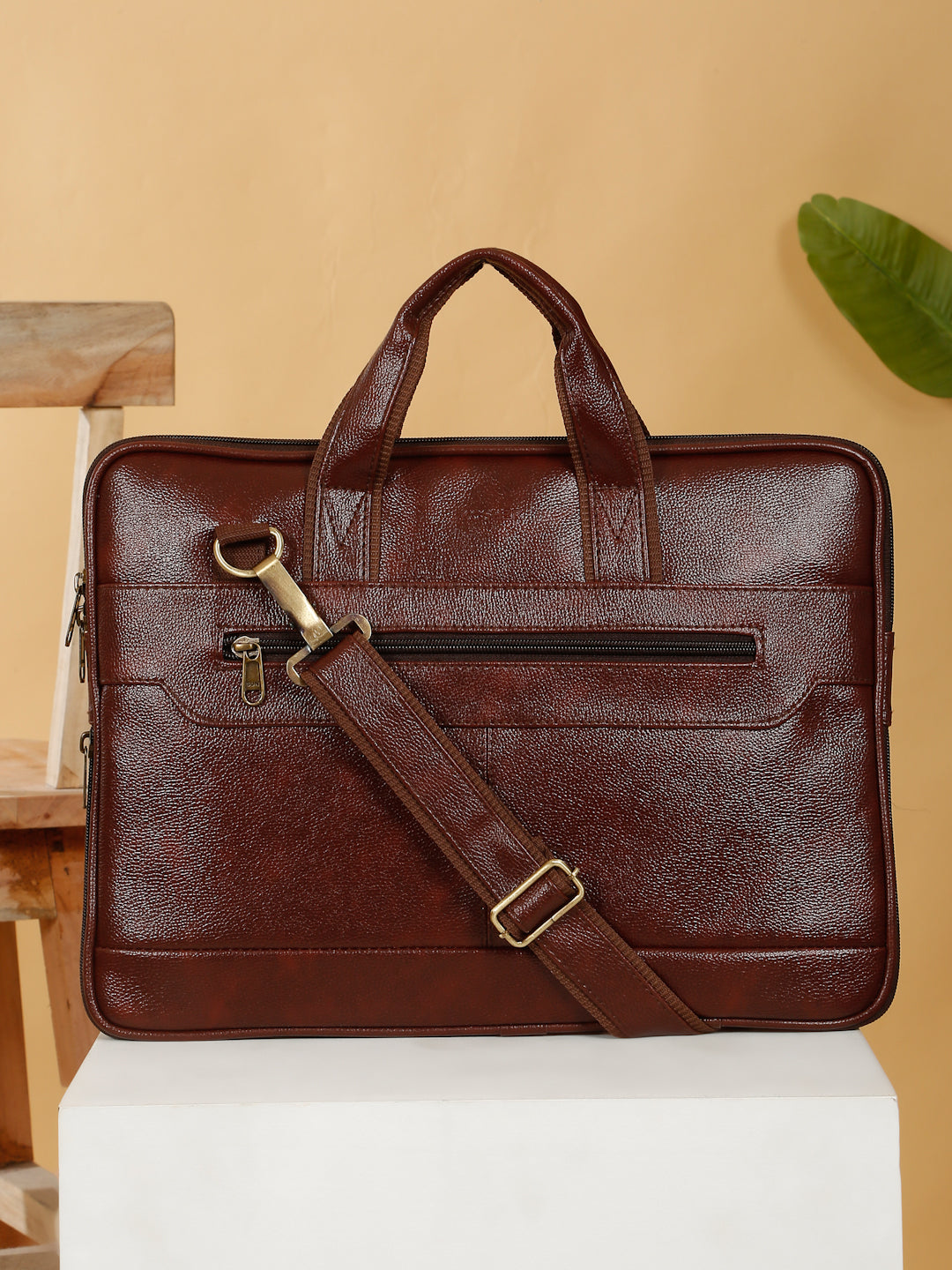 Kosher Premium Brown Faux Leather Slim Laptop Messenger Bag for Men / Women