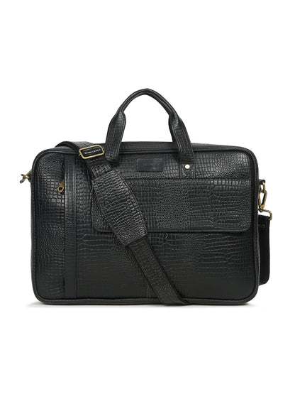 KOSHER Men's  Crocodile Textured Genuine Leather Laptop Bag with Detachable Shoulder Strap for Men / Women