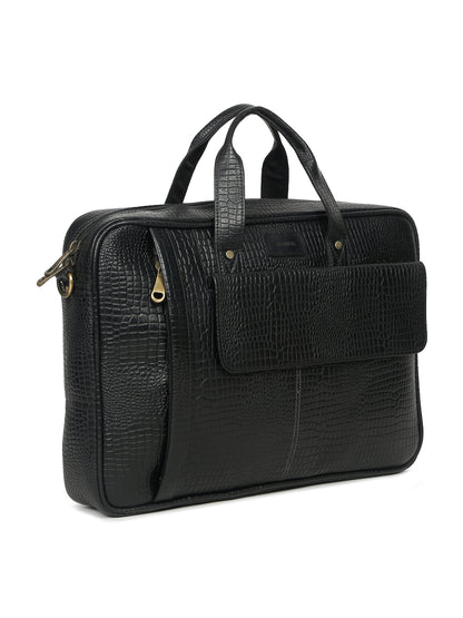 KOSHER Men's  Crocodile Textured Genuine Leather Laptop Bag with Detachable Shoulder Strap for Men / Women