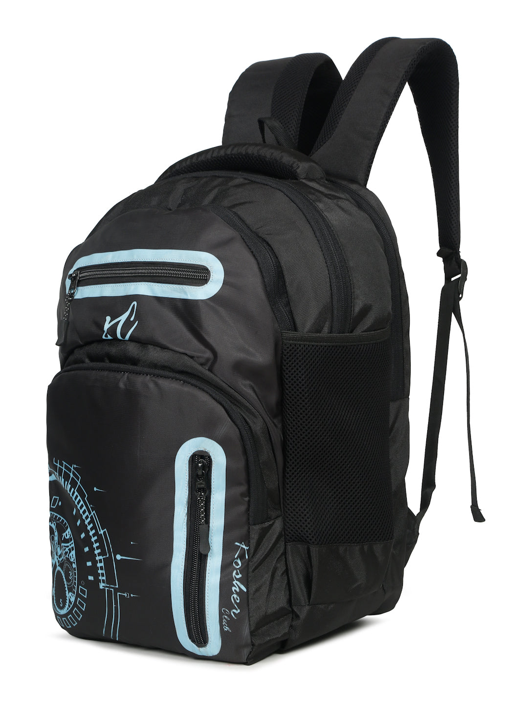 Kosher Club Casual Backpack with Watch Gear Design - Black & Blue Multi-Compartments & Padded Straps