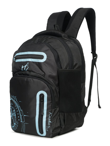 Kosher Club Casual Backpack with Watch Gear Design - Black & Blue Multi-Compartments & Padded Straps