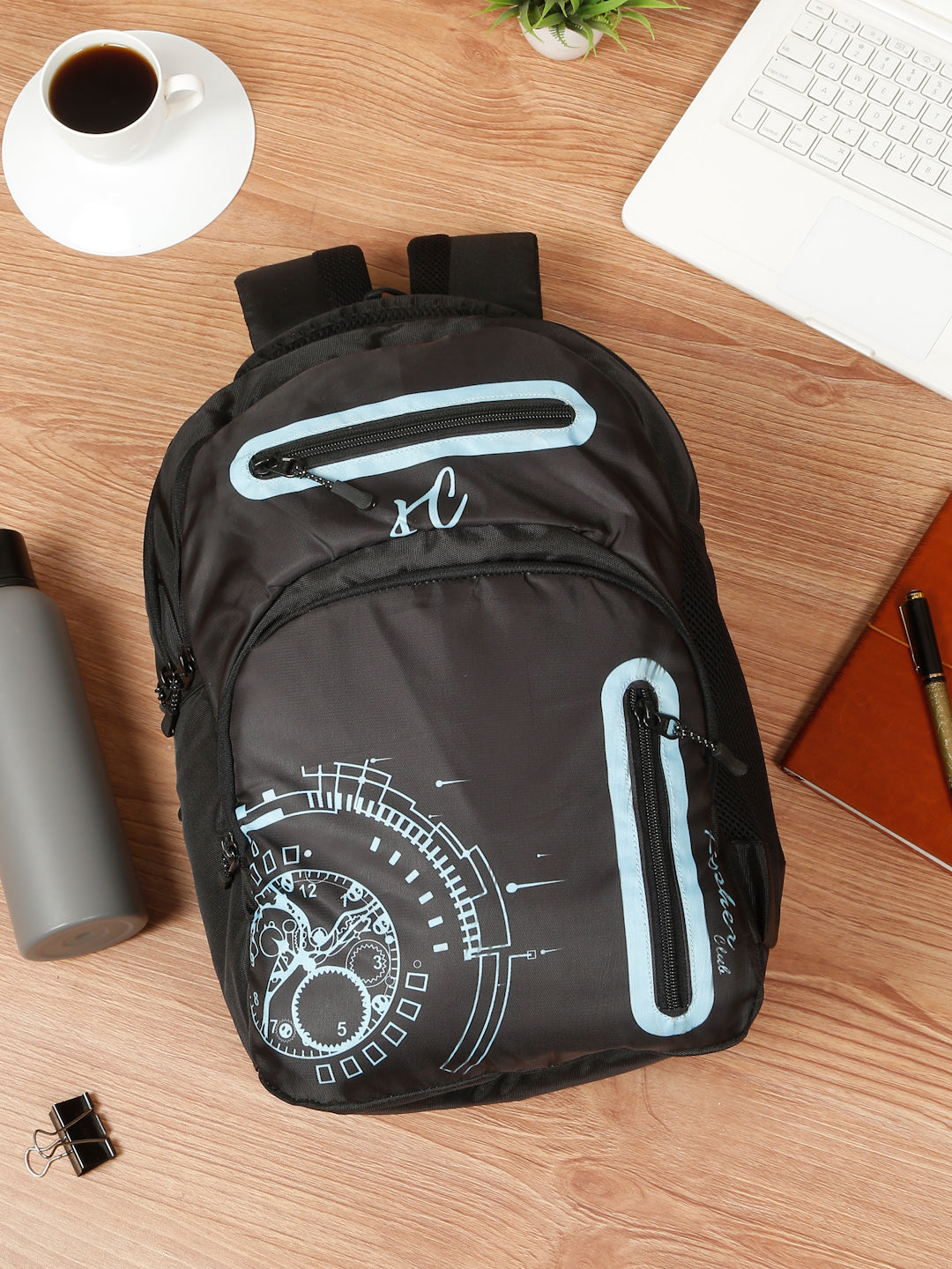 Kosher Club Casual Backpack with Watch Gear Design - Black & Blue Multi-Compartments & Padded Straps