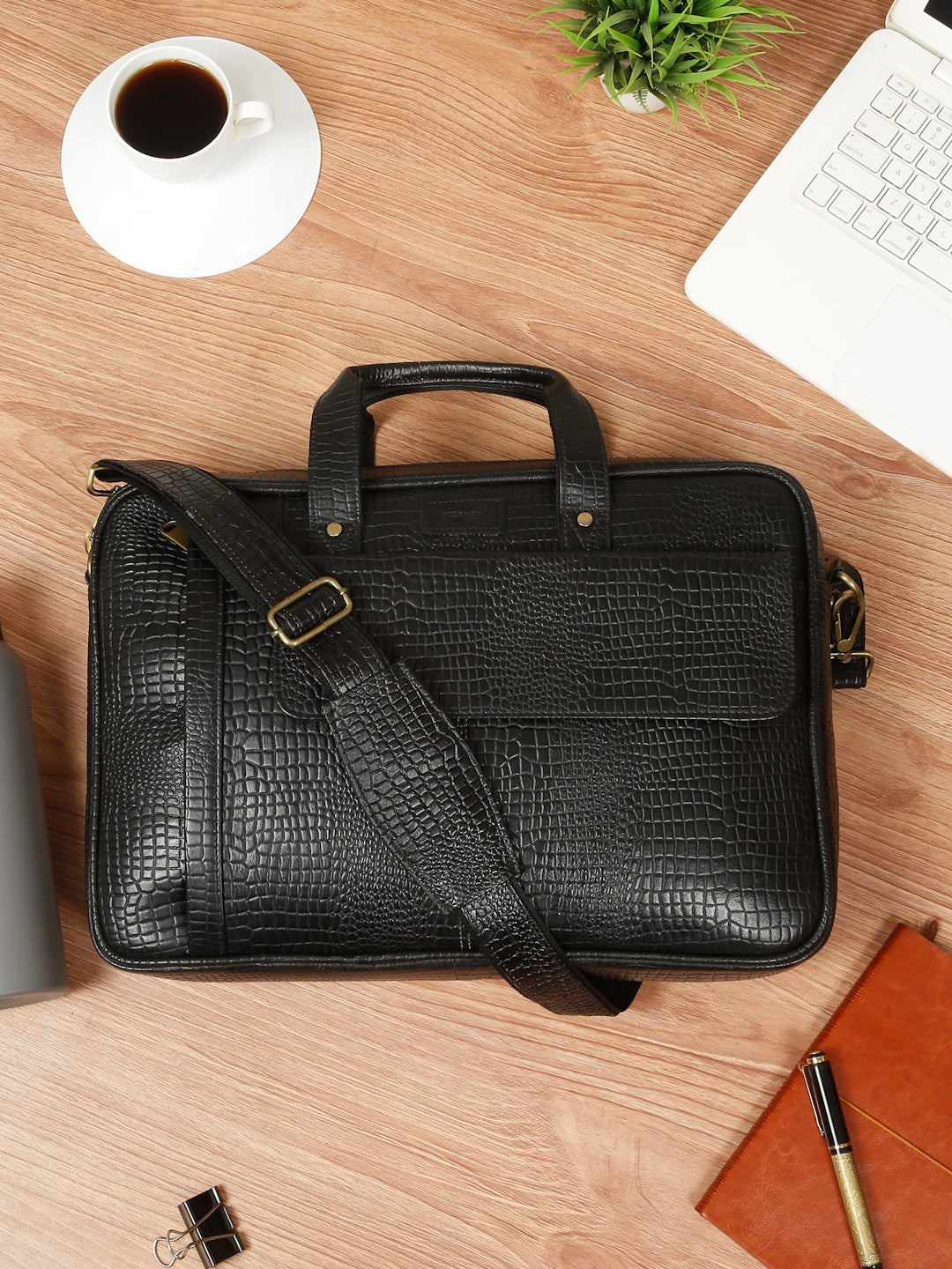 KOSHER Men's  Crocodile Textured Genuine Leather Laptop Bag with Detachable Shoulder Strap for Men / Women