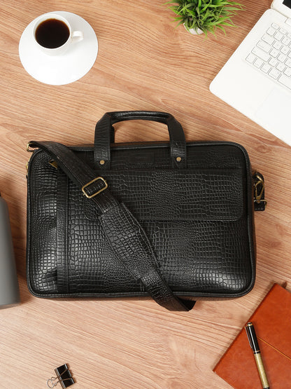 KOSHER Men's  Crocodile Textured Genuine Leather Laptop Bag with Detachable Shoulder Strap for Men / Women