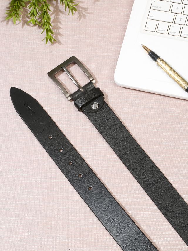 KOSHER Black Color Textured Men’s Classic Genuine Leather Belt with Antique Silver Buckle