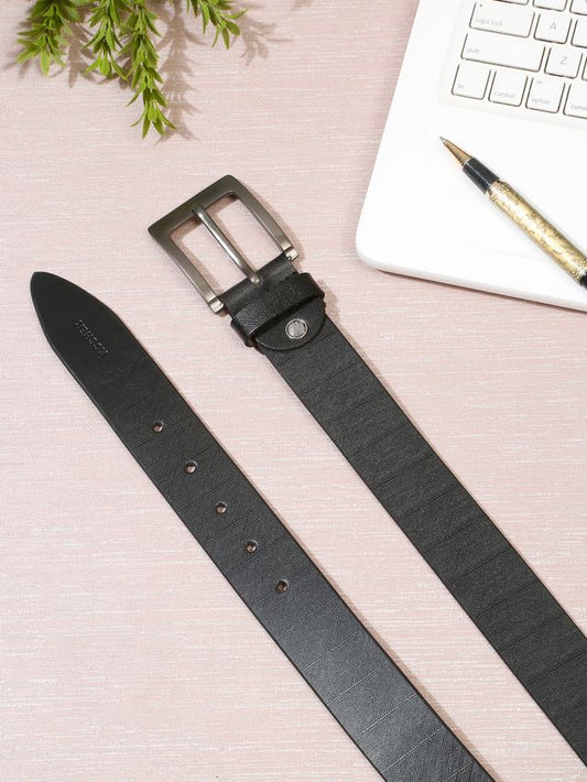 KOSHER Black Color Textured Men’s Classic Genuine Leather Belt with Antique Silver Buckle