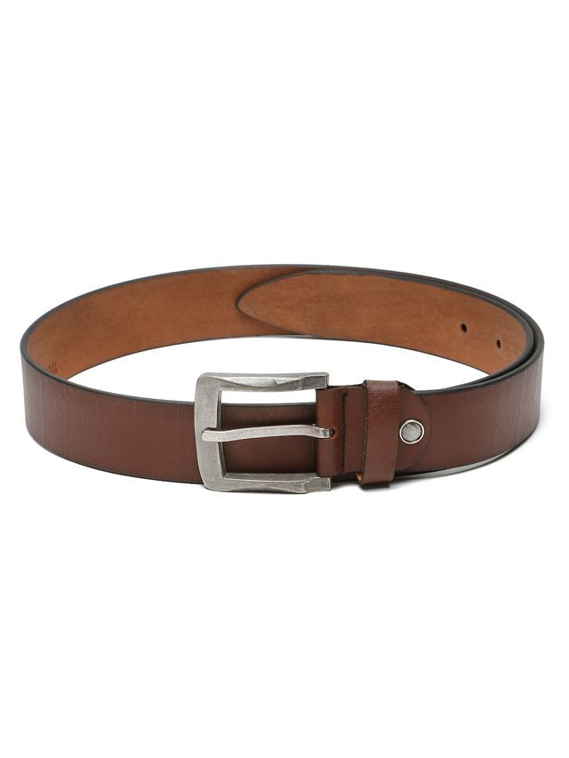 KOSHER Brown Color Textured Men’s Classic Genuine Leather Belt with Antique Silver Buckle