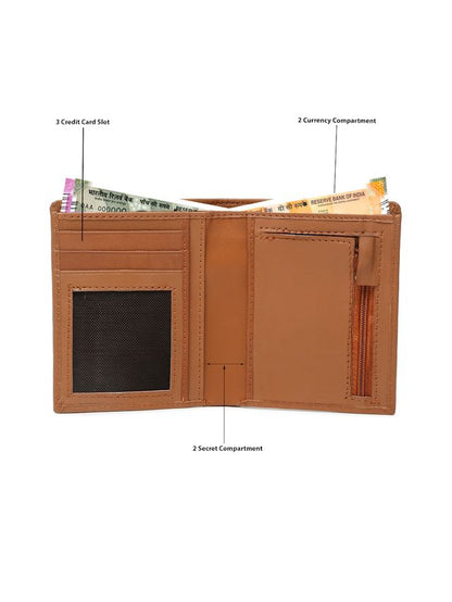 KOSHER Tan Color Men's Genuine Leather Bi-Fold Wallet With Zipper Pocket And ID Window