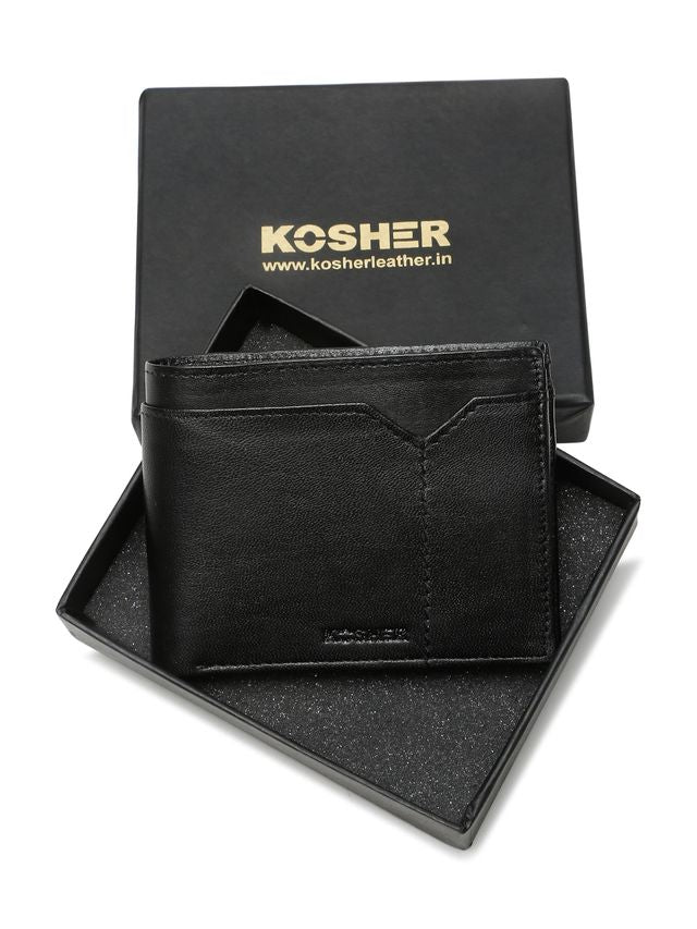 KOSHER Black Color V Strap Premium Leather Wallet With Tich Button Coin Pocket Wallet For Men's