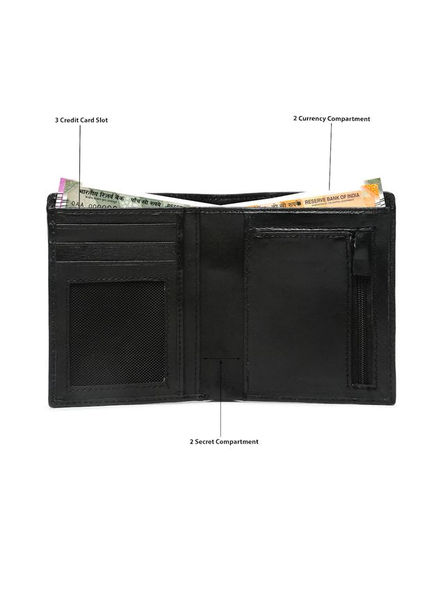 KOSHER Black Color Men's Genuine Leather Bi-Fold Wallet With Zipper Pocket And ID Window