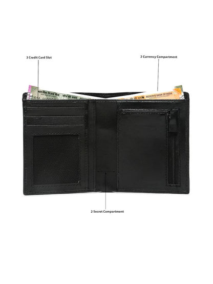 KOSHER Black Color Men's Genuine Leather Bi-Fold Wallet With Zipper Pocket And ID Window