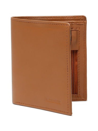 KOSHER Tan Color Men's Genuine Leather Bi-Fold Wallet With Zipper Pocket And ID Window