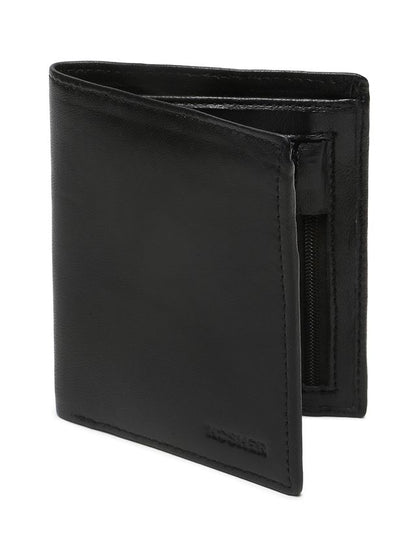 KOSHER Black Color Men's Genuine Leather Bi-Fold Wallet With Zipper Pocket And ID Window