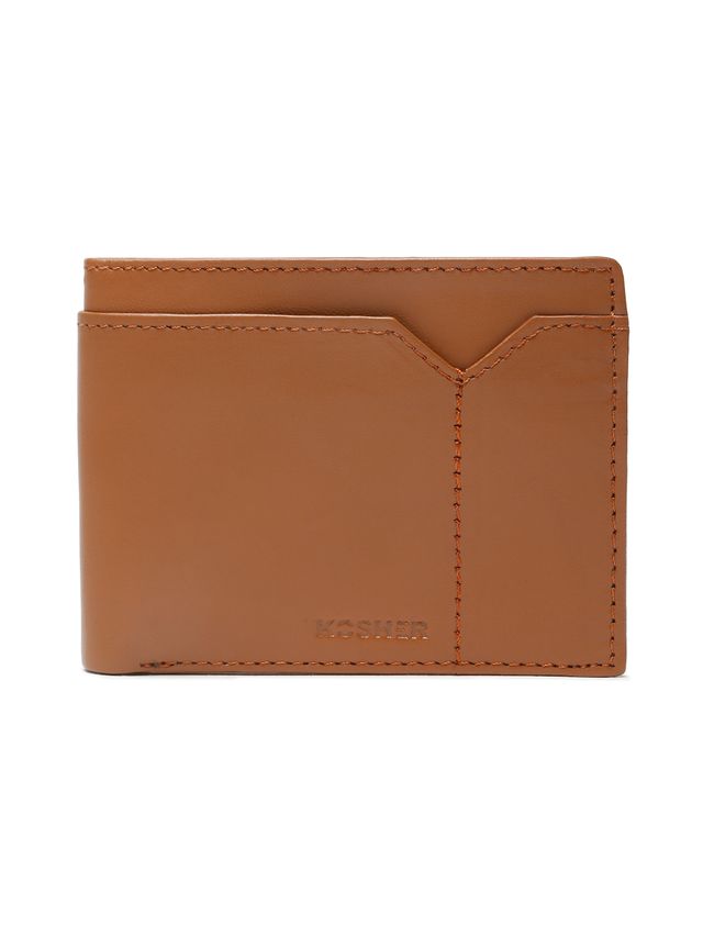 KOSHER Tan Color v Strap Premium Leather Wallet with tich button coin pocket wallet for men's