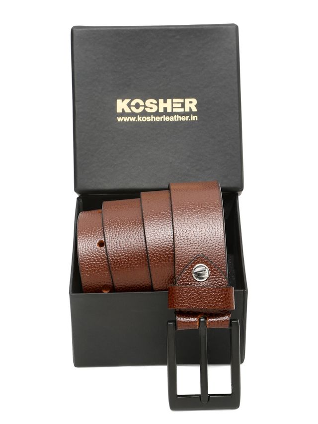 KOSHER Brown Color Men's Classic NDM Genuine Leather Belt with Matte Black Buckle
