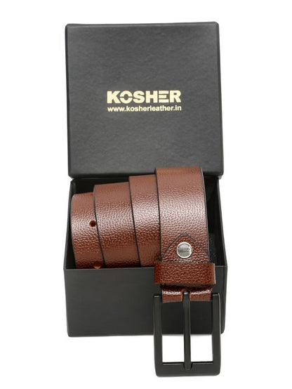 KOSHER Brown Color Men's Classic NDM Genuine Leather Belt with Matte Black Buckle