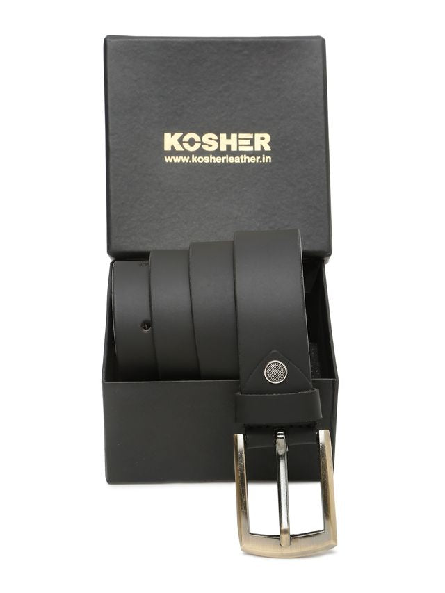KOSHER Black Color Men's Genuine Leather Belt with Antique Brass Finish-Buckle