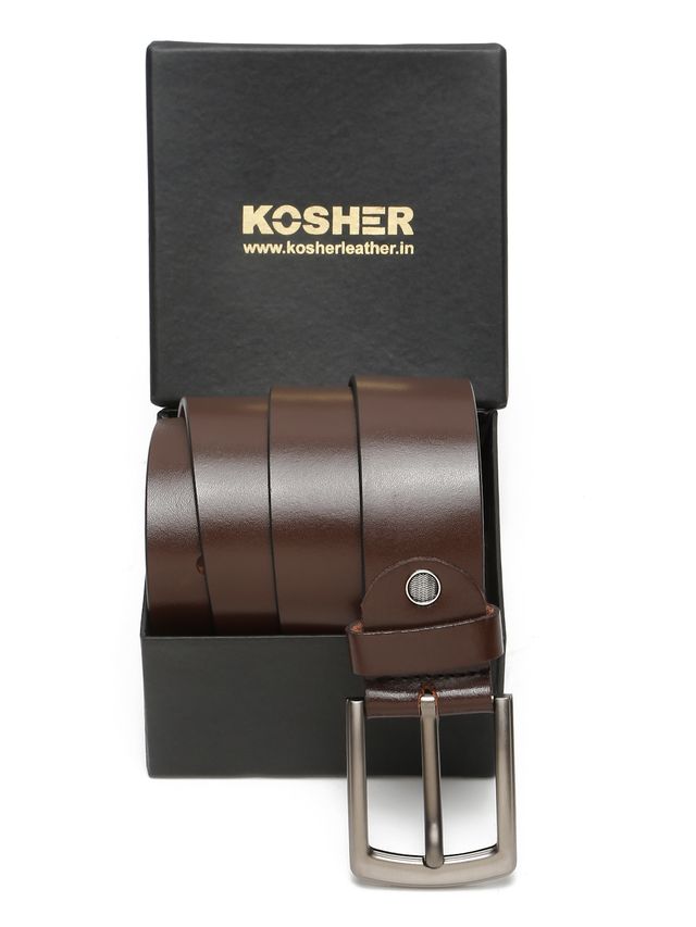 KOSHER Brown Color Men's Classic Leather Belt with Antique Finish Buckle – 100% Genuine Leather Belt