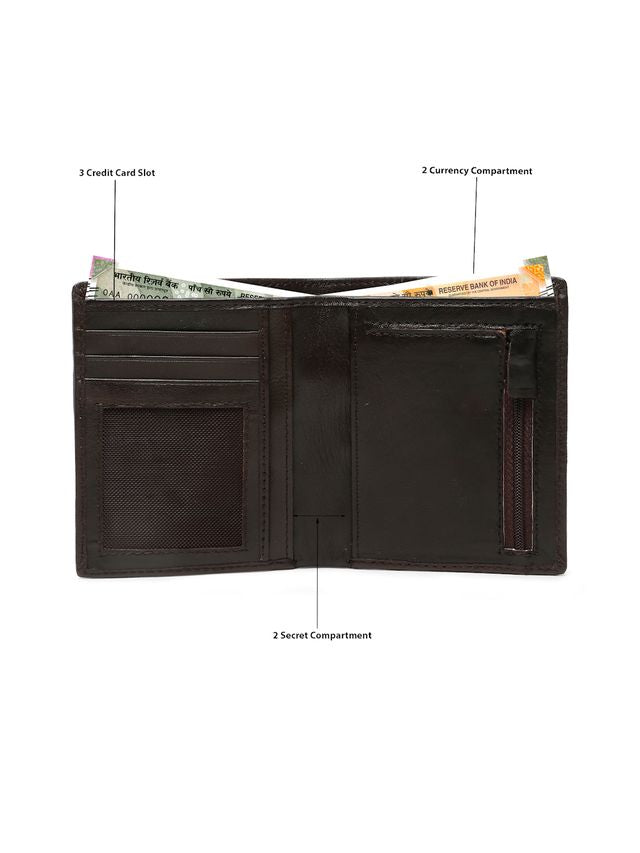 KOSHER Brown Color Men's Genuine Leather Bi-Fold Wallet With Zipper Pocket And ID Window