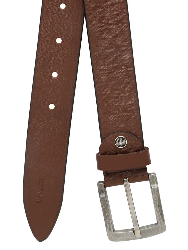 KOSHER Brown Color Textured Men’s Classic Genuine Leather Belt with Antique Silver Buckle