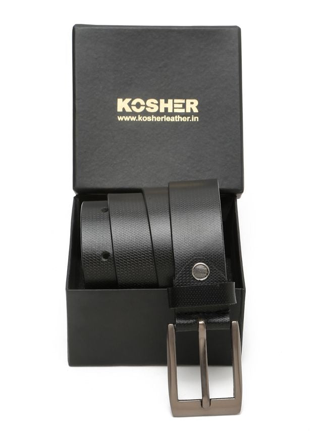 KOSHER Black Color Men's Textured Genuine Leather Belt With Antiqe Finish Buckle – Elegant Textured Finish Belt