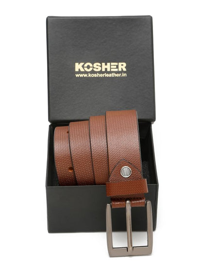KOSHER Brown Color Men's Textured Genuine Leather Belt With Antiqe Finish Buckle – Elegant Textured Finish Belt