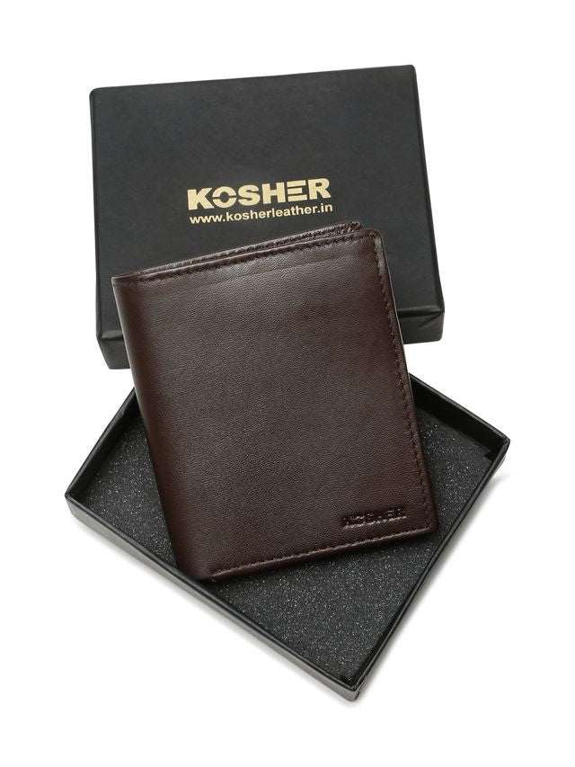 KOSHER Brown Color Men's Genuine Leather Bi-Fold Wallet With Zipper Pocket And ID Window