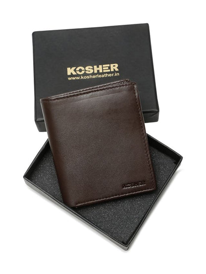 KOSHER Brown Color Men's Genuine Leather Bi-Fold Wallet With Zipper Pocket And ID Window