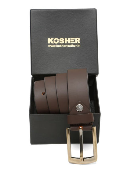 KOSHER Brown Color Men's Genuine Leather Belt with Antique Brass Finish-Buckle