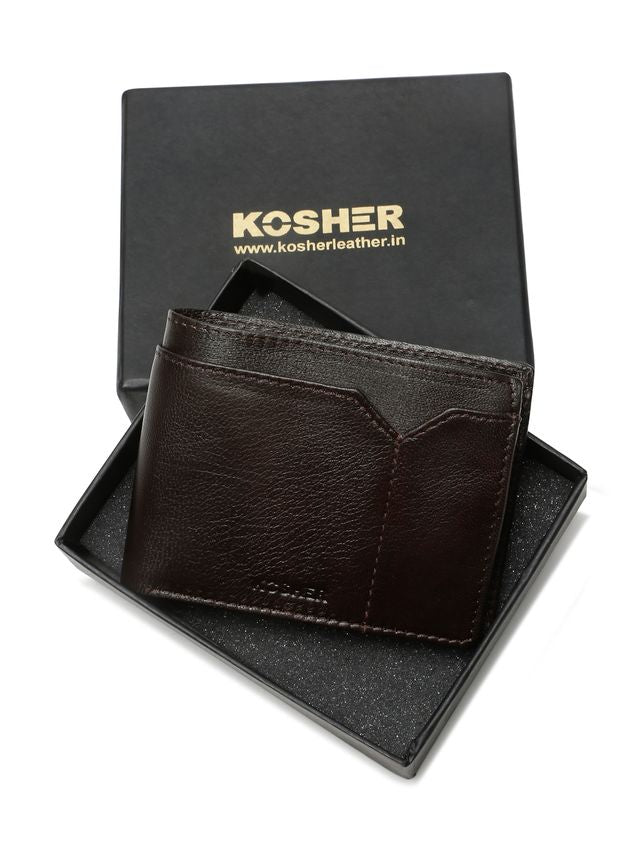 KOSHER Brown Color v Strap Premium Leather Wallet with tich button coin pocket wallet for men's