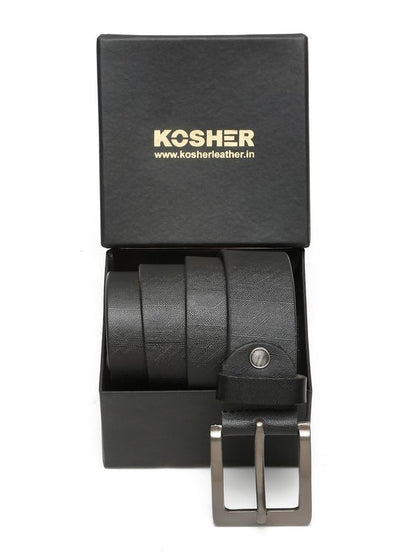 KOSHER Black Color Textured Men’s Classic Genuine Leather Belt with Antique Silver Buckle