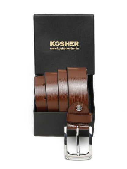 KOSHER Brown Color Men's Classic Genuine Leather Belt – Textured With Polished S.S Finish Buckle