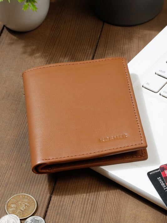 KOSHER Tan Color Men's Genuine Leather Bi-Fold Wallet With Zipper Pocket And ID Window