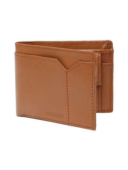 KOSHER Tan Color v Strap Premium Leather Wallet with tich button coin pocket wallet for men's