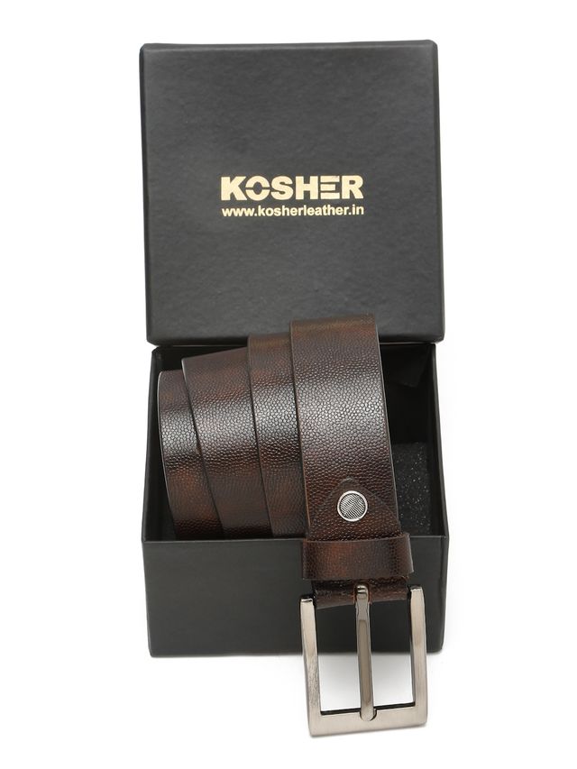 KOSHER Brown Color Men's Textured Genuine Leather Belt With Antiqe Finish Buckle – Elegant Textured Finish Belt