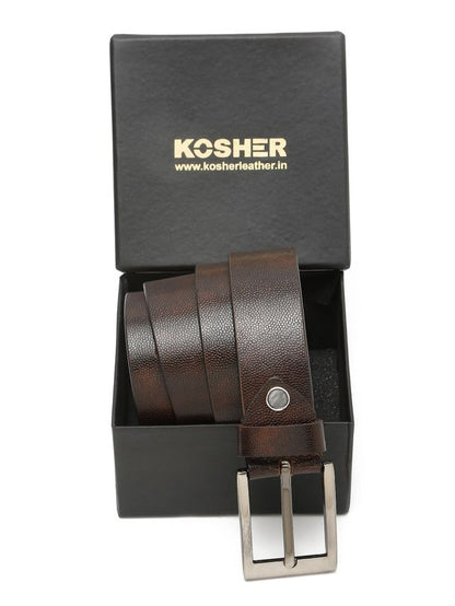KOSHER Brown Color Men's Textured Genuine Leather Belt With Antiqe Finish Buckle – Elegant Textured Finish Belt