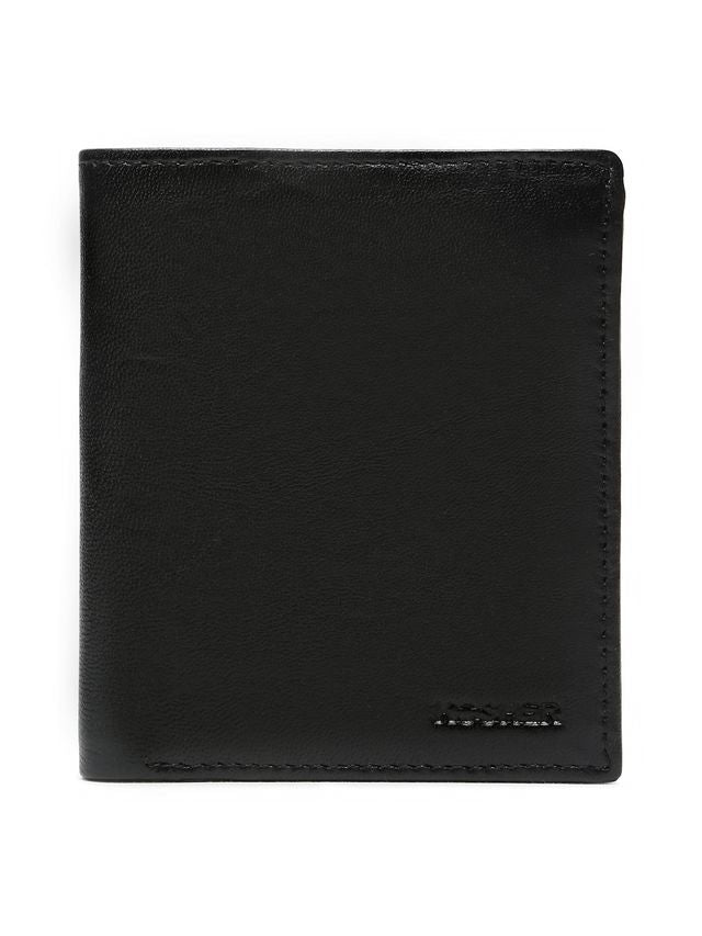 KOSHER Black Color Men's Genuine Leather Bi-Fold Wallet With Zipper Pocket And ID Window
