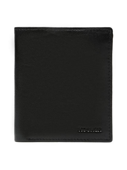 KOSHER Black Color Men's Genuine Leather Bi-Fold Wallet With Zipper Pocket And ID Window