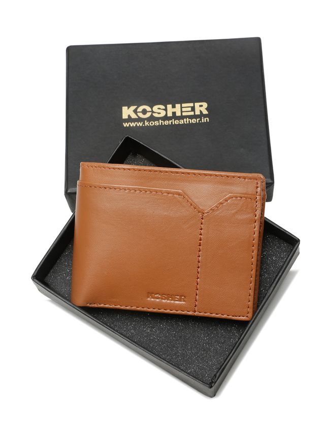 KOSHER Tan Color v Strap Premium Leather Wallet with tich button coin pocket wallet for men's